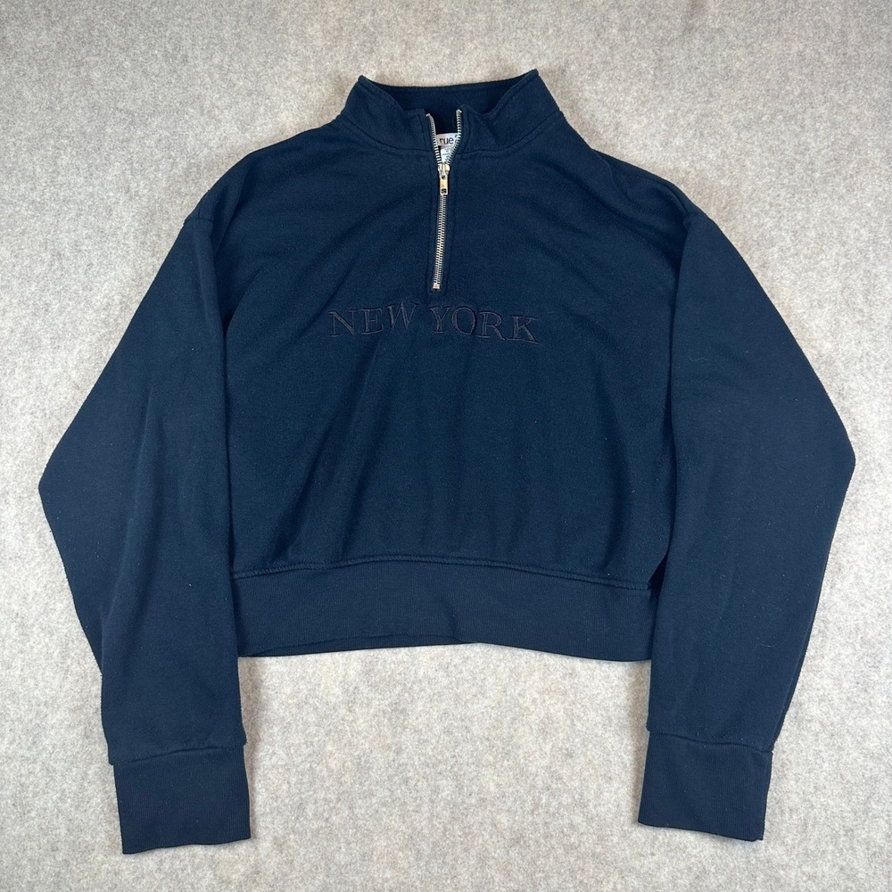RUE21 New York Embroidered Quarter Zip Cropped Pullover Womens Medium Navy Top